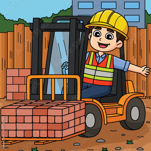 Construction Worker with Forklift Colored Cartoon 