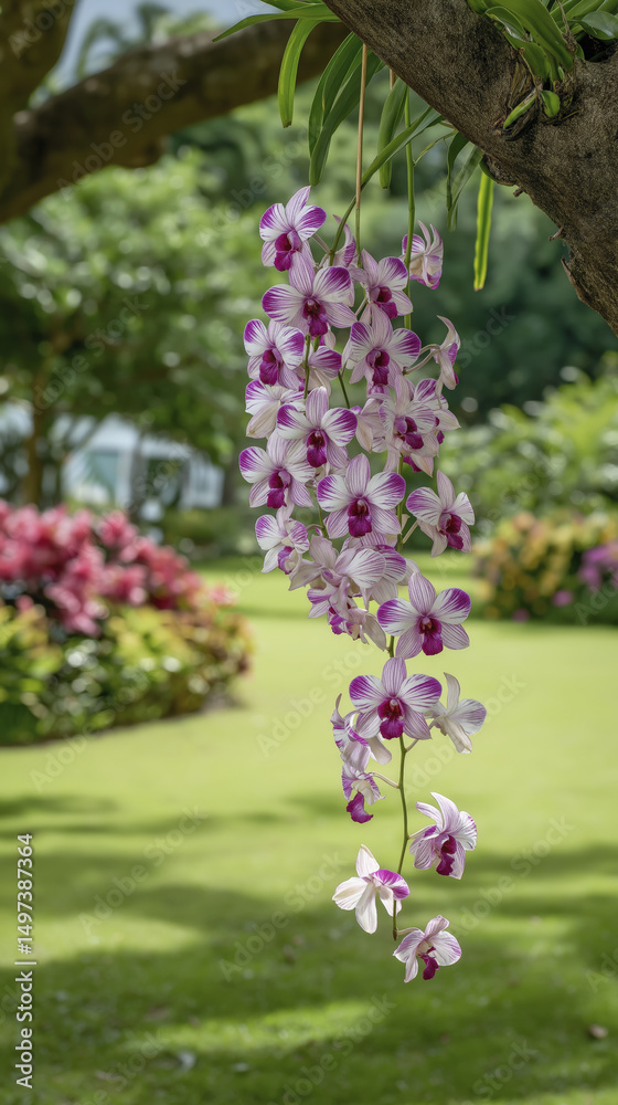 Obraz premium Beautiful orchids hanging gracefully from tree, gentle breeze carries their sweet fragrance, creating sense of peace and wonder