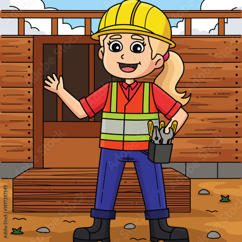 Female Construction Worker Colored Cartoon 