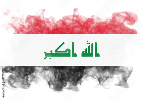 Obraz na plátně Distressed Iraqi flag with symbolic colors of red, white, and black and Arabic script in green, conveying national identity