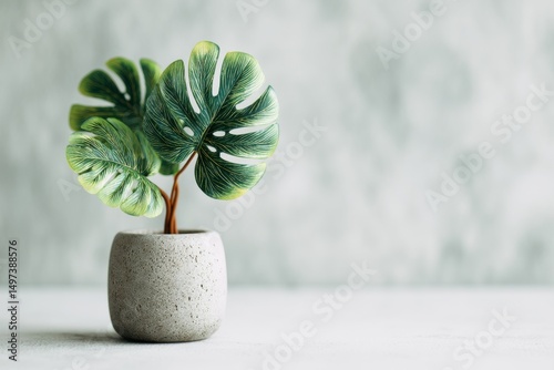 Elegant monstera plant in a gray concrete pot, set against a muted background, evoking a sense of minimalist sophistication and a touch of indoor greenery.