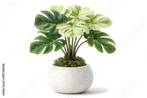A beautiful Monstera plant in a stylish white pot, displayed against a clean white background, showcasing its unique leaves and elegant design with bright light.