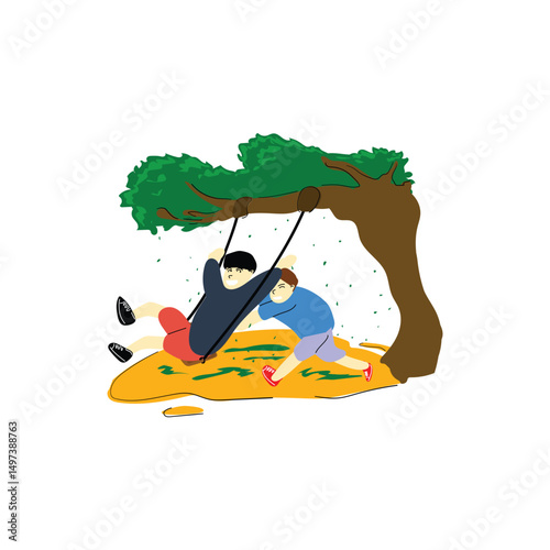 Art & Illustratillustration of two little kids playing on a swing, flat illustration, vector eps 10on