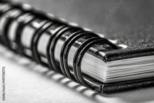 Macro shot of a closed spiral notebook shows black rings and textured cover, pages stacked tightly, conveying organization and readiness for notes or plans.