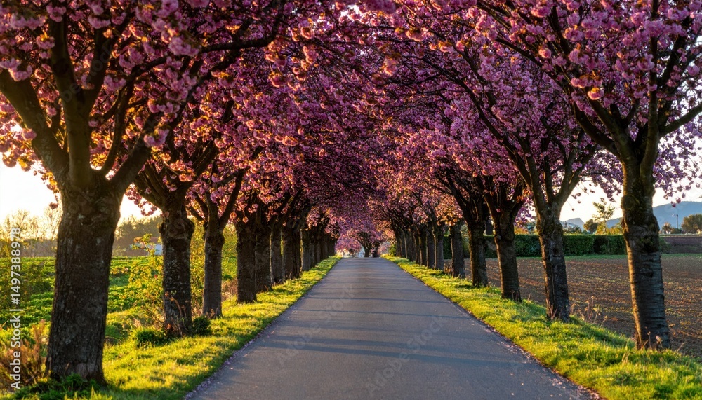 Naklejka premium Enchanting spring blossom avenue: A pathway through flowering trees sunlight