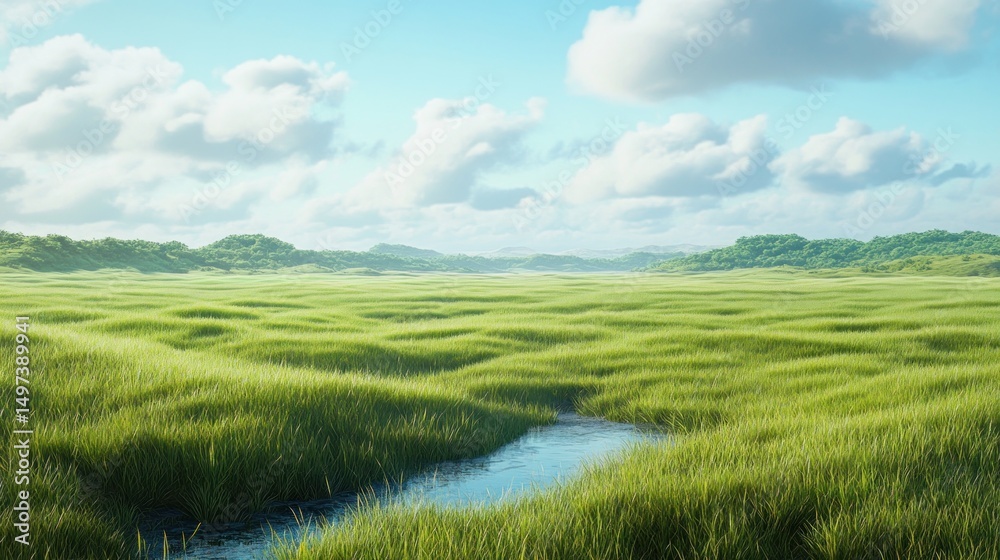 Obraz premium Serene grassy field with a stream under a bright sky