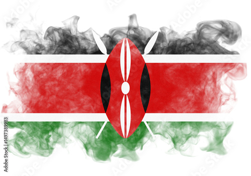 Stylized map of Kenya features its national flag overlaid with a traditional shield and spears, presented on a black background,