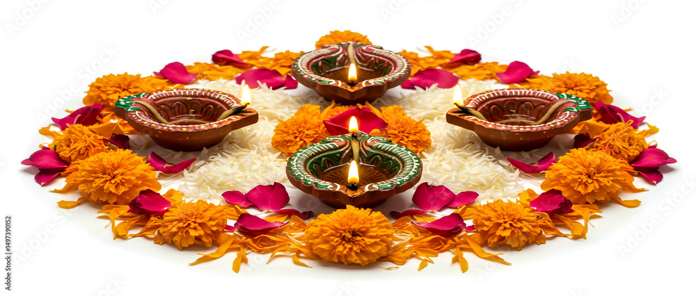 Fototapeta premium Diwali rangoli with lit clay diyas and flowers