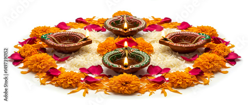 Diwali rangoli with lit clay diyas and flowers