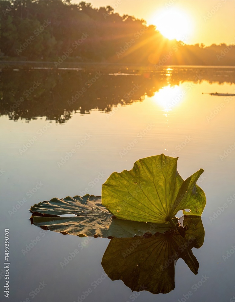 Obraz premium Golden sunlight glistens over calm water, highlighting a lone green leaf drifting gently.