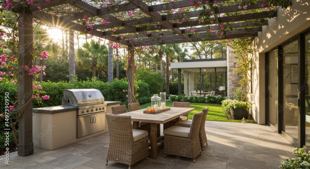 Fototapeta premium Outdoor patio dining area serene ambiance wooden pergola bougainvillea grill