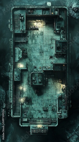 Submerged ship interior map, dimly lit, showing various compartments