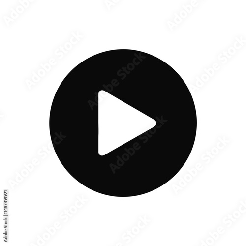 A bold black circle encloses a white, right-pointing triangle, symbolizing a play button