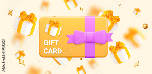 3d yellow gift card with purple bow, and gift box. Gift certificate for promotion of goods for holidays, birthdays and discount coupon concept. Stock vector illustration on isolated background.