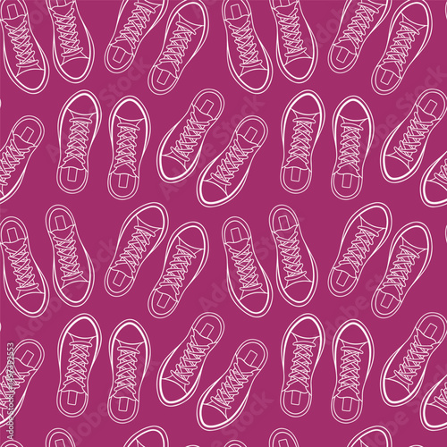 Seamless pattern of line art style sneakers on purple background. Great for fashion textile, sportswear urban print, street style wrapping paper or teenage accessories design.
