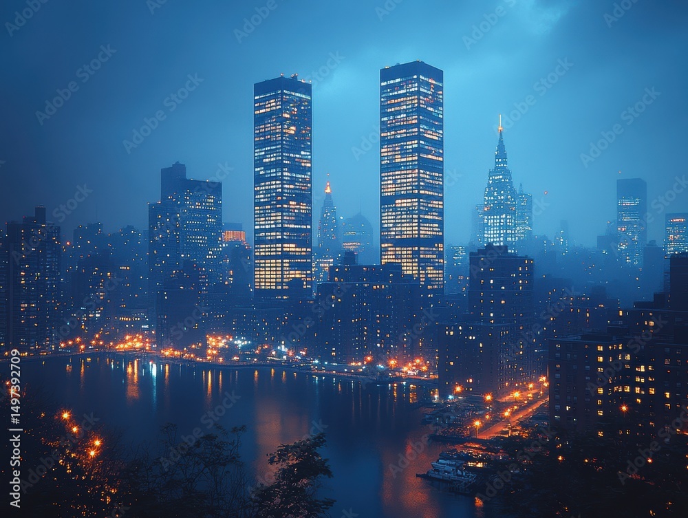 Fototapeta premium Nighttime cityscape featuring illuminated skyscrapers and a serene waterfront
