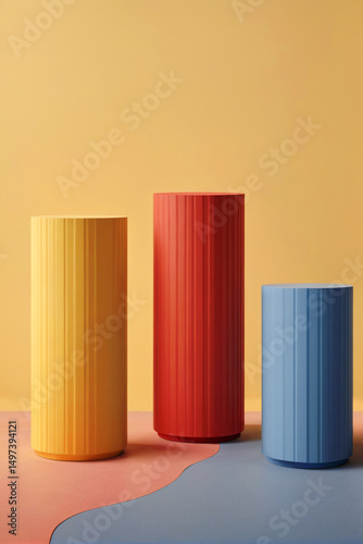 Colourful Cylindrical Podium Display – Grooved Yellow, Red, Blue Columns on Pastel Background, Modern Playful Product Scene