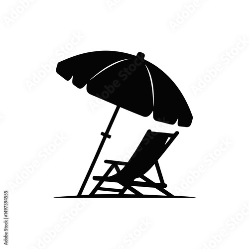 A black silhouette depicts a beach scene with a lounge chair under a sun umbrella.