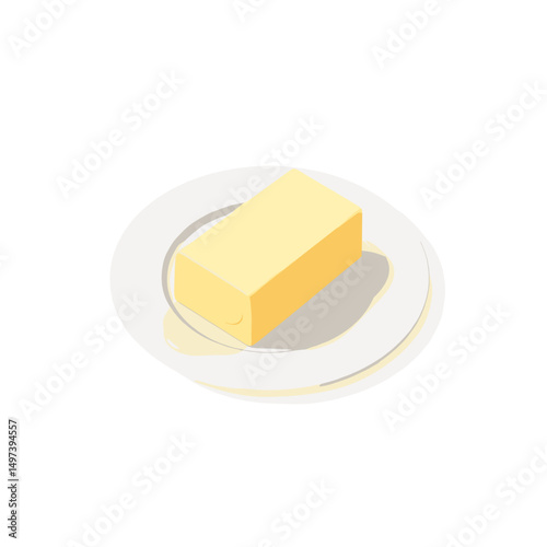 Butter stick on a plate, smooth texture illustration, minimalistic style on white background