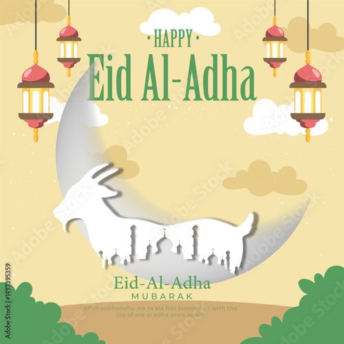 Eid Al Adha Mubarak Concept With Cartoon Sheep
