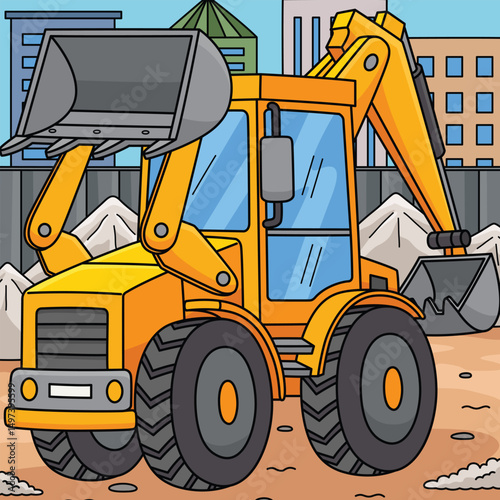 Construction Backhoe Colored Cartoon Illustration