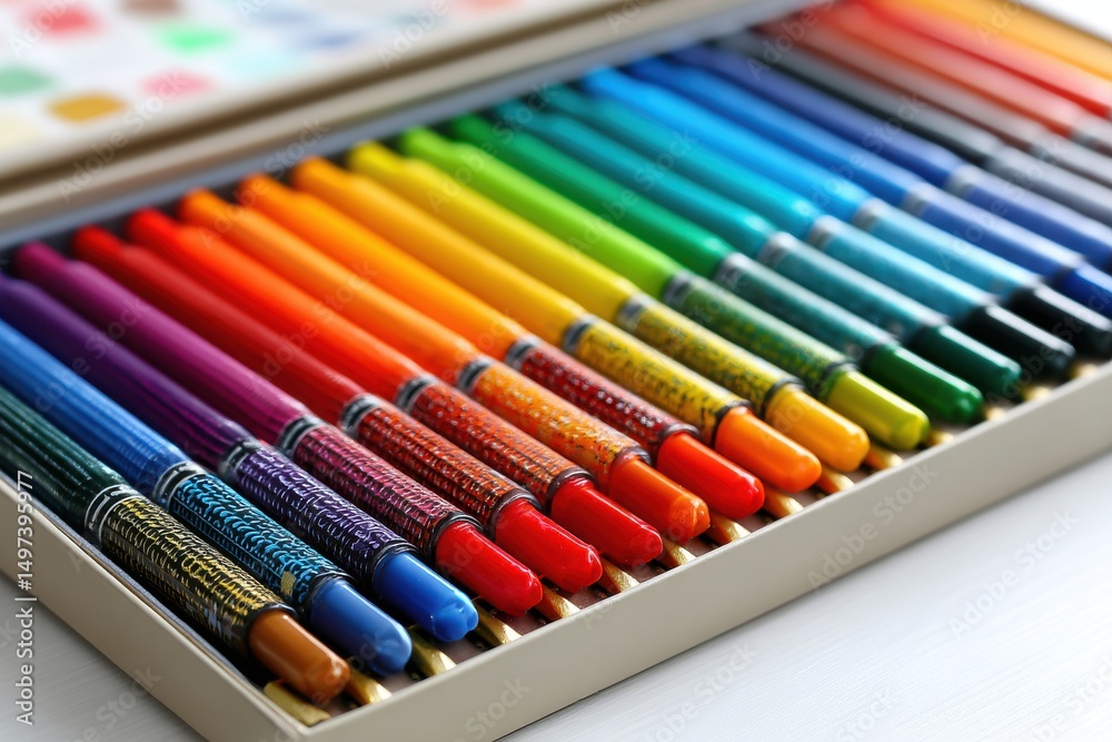 Naklejka premium A vibrant set of colorful crayons neatly arranged in a box, showcasing a full spectrum of shades from red to blue, creating a rainbow effect for art supplies.