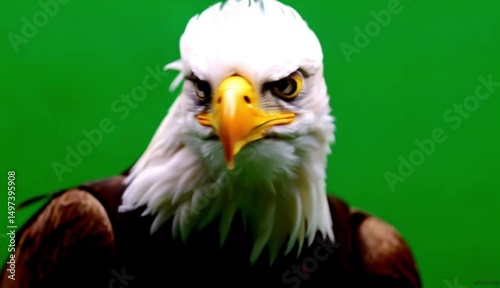 Majestic Eagle's Gaze: A powerful bald eagle with piercing eyes and a striking white head and golden beak stares intently, set against a vivid backdrop of lush green, embodying strength and freedom.