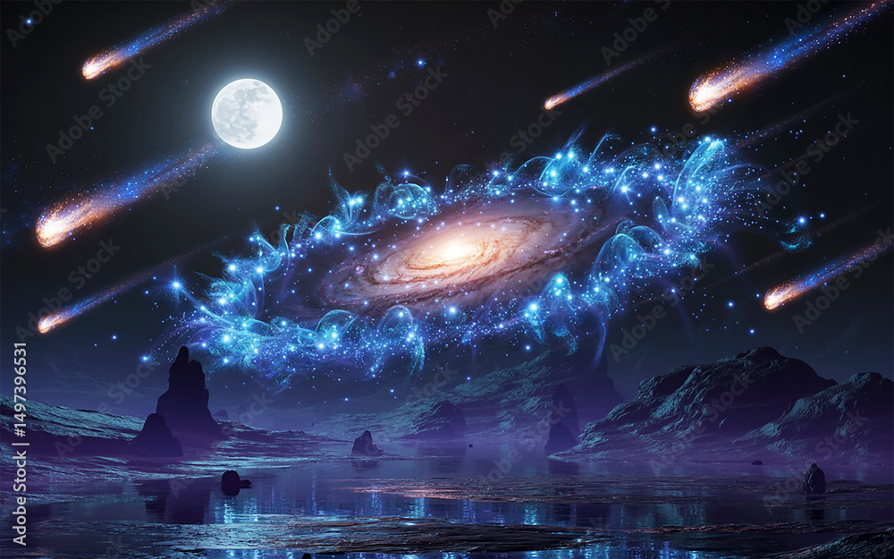 Obraz premium Surreal cosmic landscape with galaxy full moon and meteors across a mysterious alien world