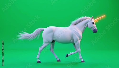 Majestic Unicorn with Magical Horn: A pure white unicorn, symbolizing grace and magic, strides gracefully against a vibrant green backdrop, its golden horn radiating ethereal light.