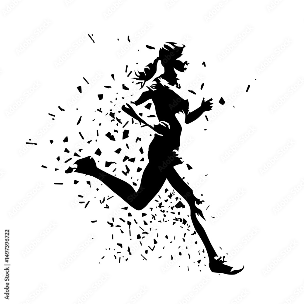 Run, running woman silhouette. Isolated vector illustration of female runner with dispersion effect