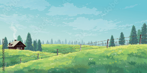 Country house in the middle of grass field hill in with barbed wire fence in front and pine forest far away have blue sky background graphic illustrated.
