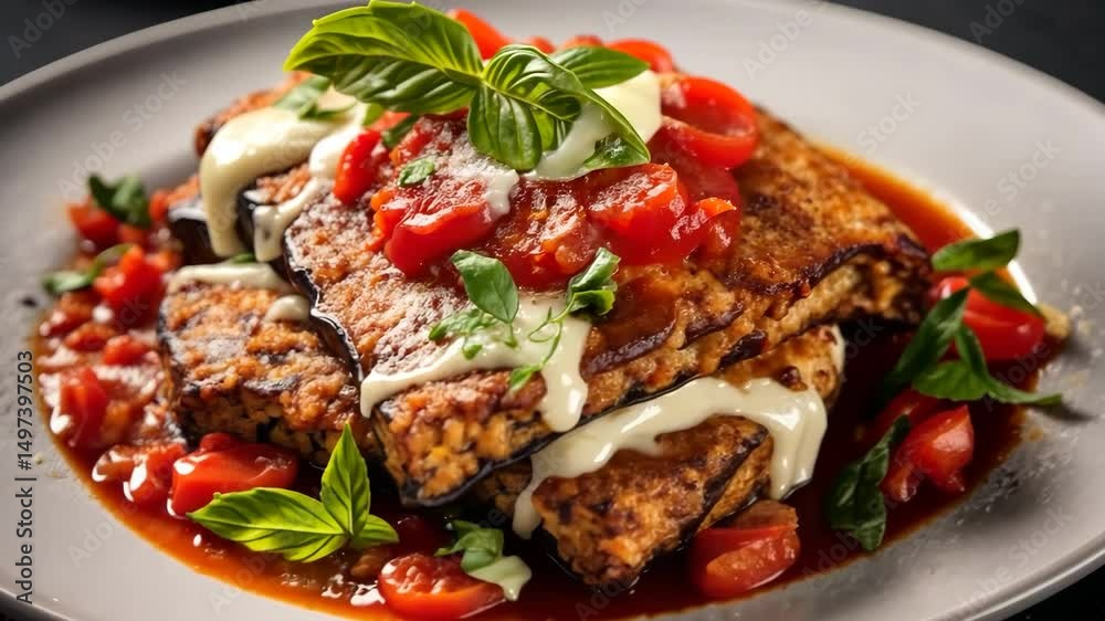 Eggplant parmesan with tomato sauce and basil topping Eggplant parmesan with tomato sauce and basil topping
