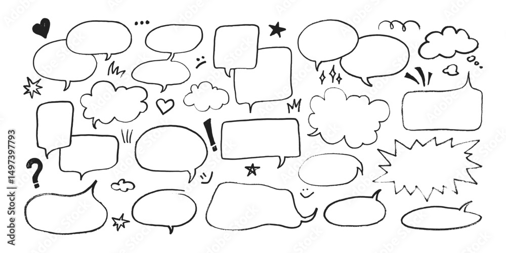 Fototapeta premium Dialogue speech bubbles with pen or crayon chalk doodle emphasis hand drawn style vector illustration set. Chat balloons crayon chalk style various dialogue frames collection hand drawn sketch style.