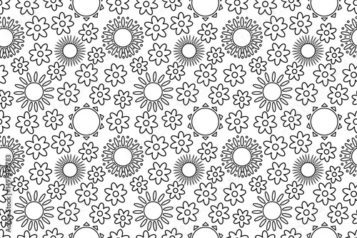 Outline summer seamless coloring page with flowers and suns with rays of different shapes. Floral and sun pattern. For entertaining, summertime monochrome design of item and clothing, or wallpaper.