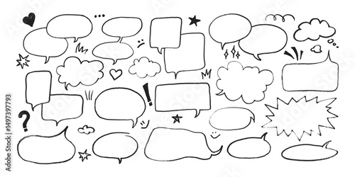 Dialogue speech bubbles with pen or crayon chalk doodle emphasis hand drawn style vector illustration set. Chat balloons crayon chalk style various dialogue frames collection hand drawn sketch style.