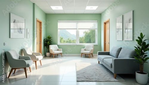 Clean, modern doctor's office waiting area with comfortable seating and calming decor , treatment, healthcare, examination room