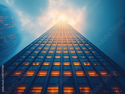 Wallpaper Mural Skyscraper reaching towards a bright sky at sunset with glowing windows Torontodigital.ca