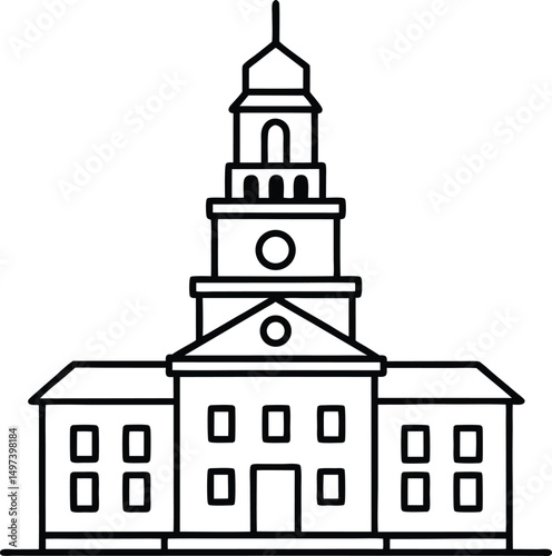 Independence Hall Line Art Minimalist Clock Tower Design for Patriotic Celebrations
