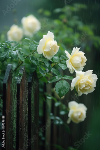 Beautiful yellow roses after the heavy rain