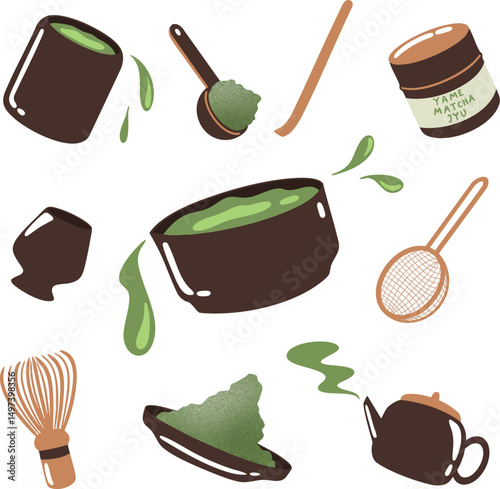 Matcha Tea Ceremony Clipart Set – Japanese Green Tea Tools Illustration