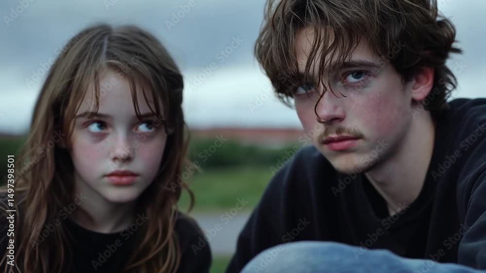 Somber Portrait Of Young Girl And Man With Serious Expressions In Overcast Environment