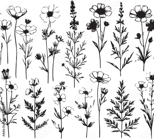 minimal botanical graphic sketch drawing, trendy tiny tattoo design, floral elements vector illustration