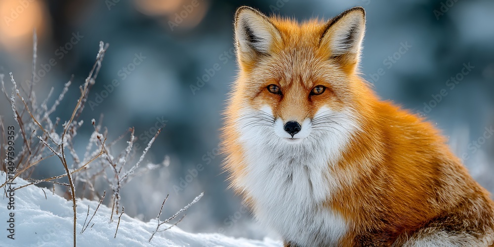 Red fox, orange fur, white chest, dark ears, alert in snow. Soft winter light. Pristine snow, twigs. Blurred background, cool muted palette, bokeh. Red fox, orange fur, white chest, dark ears, alert in snow. Soft winter light. Pristine snow, twigs. Blurred background, cool muted palette, bokeh.