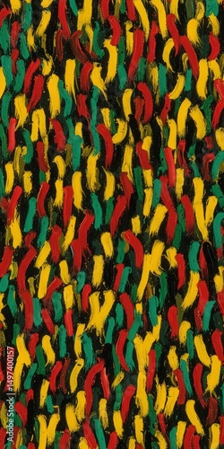 Small brushstrokes textured abstract pattern background in red yellow green black, symbol of Pan-African culture, unity, liberation, diversity, perfect for Juneteenth, Kwanzaa, Black History Month