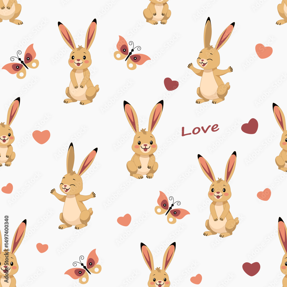 Fototapeta premium funny bunnies on the background of butterflies and hearts. love theme. seamless vector pattern