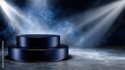 A blue podium with a blue smokey background