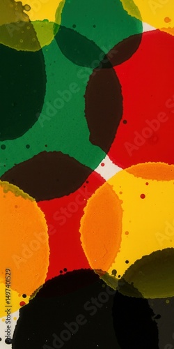 Pan-African inspired abstract watercolor circles in red, black, green, yellow tones and splash effects. Perfect for Juneteenth, Kwanzaa, Black History Month, social justice, heritage, creative design