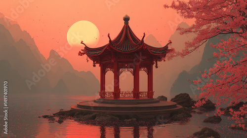 Traditional Chinese pavilion over misty water