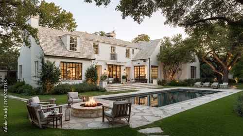 A large, two-story house with white walls and a beige shingle roof in the suburban area of Texas, featuring an outdoor pool with a fire pit surrounded by lush green grass