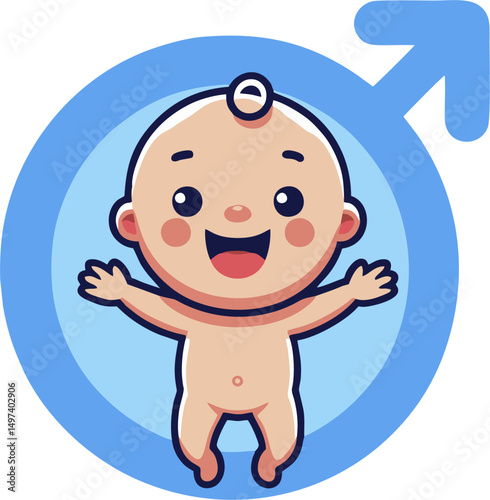 Adorable cartoon baby boy with open arms, smiling happily inside a blue male gender symbol. The vector illustration features soft pastel colors and a clean, flat design style.